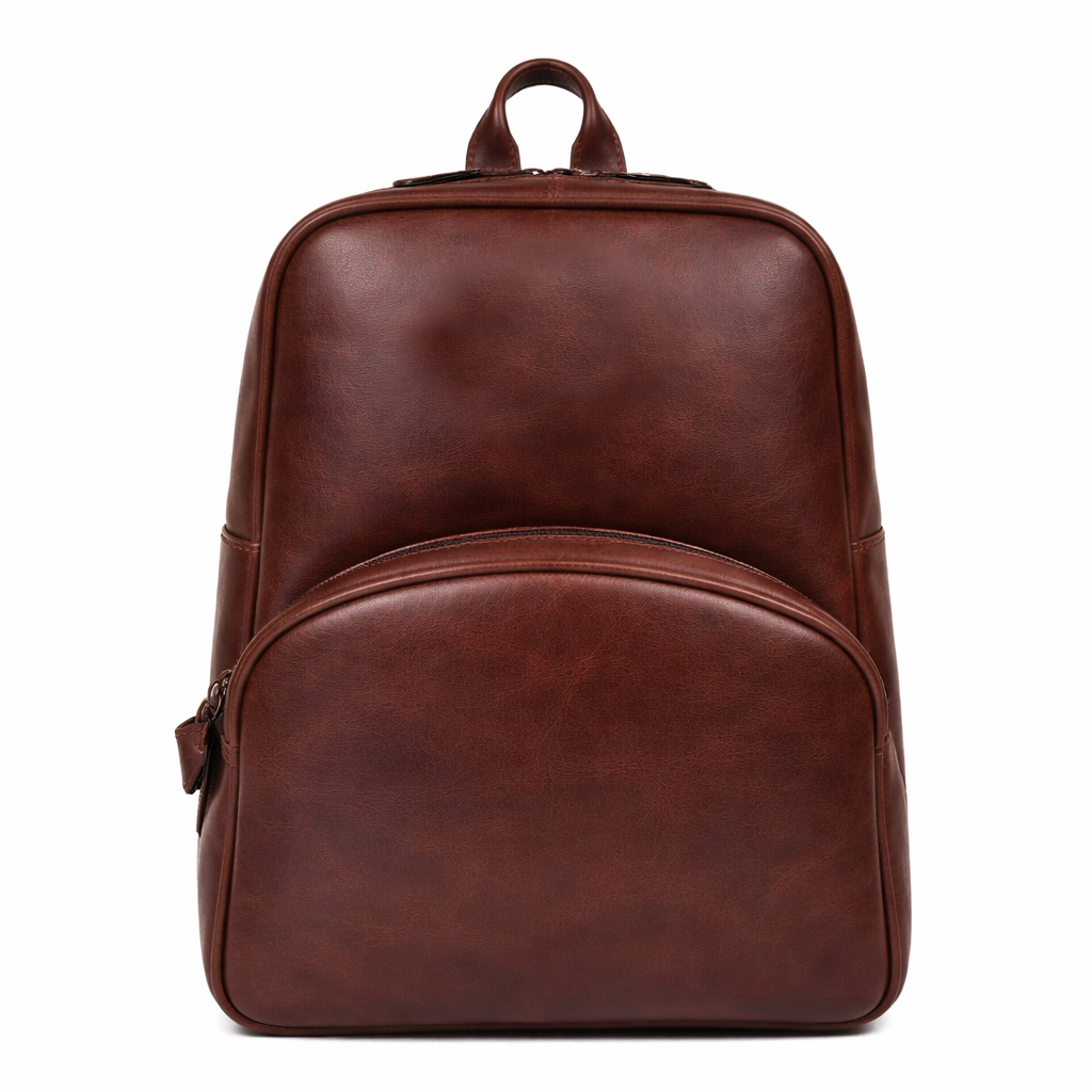 Classic Full-Grain Leather Backpack with Front Pocket - Brown