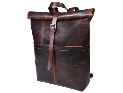 Premium Full Grain Leather Roll Top Backpack for Men & Women