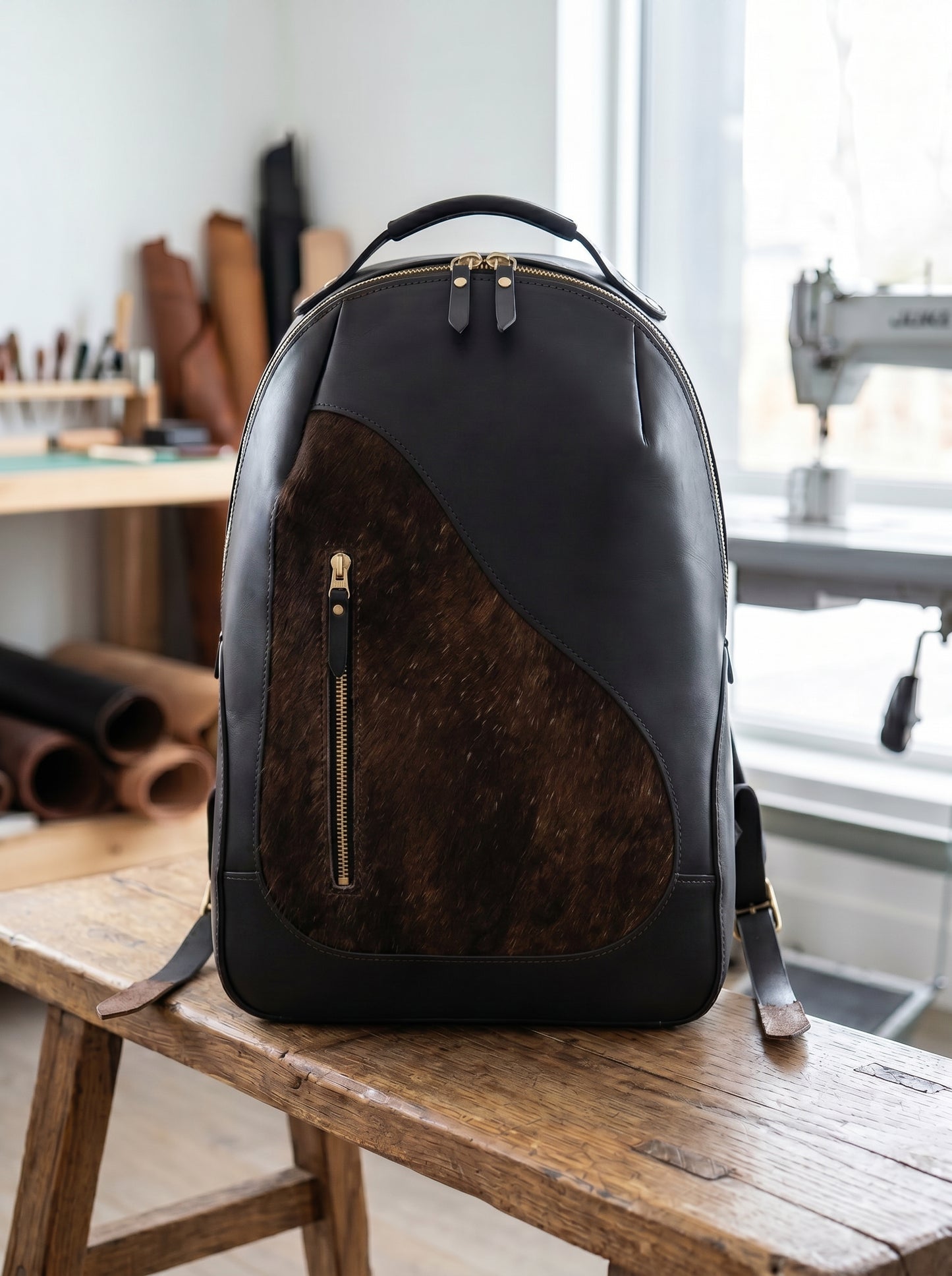 Premium Black Leather & Hairon Laptop Backpack