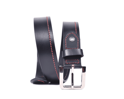 Premium Black Leather Belt with Red Stitching & Silver Buckle