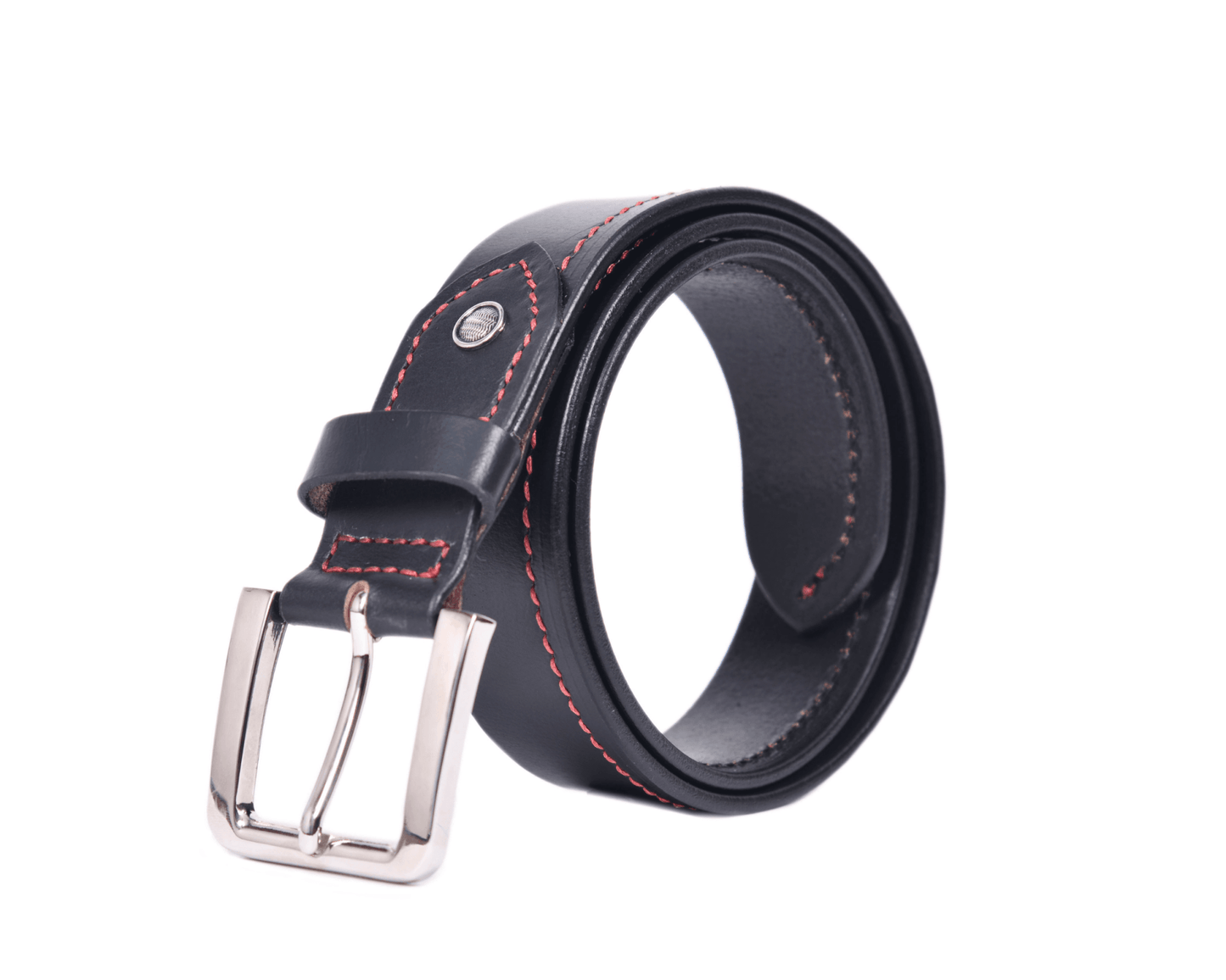Premium Black Leather Belt with Red Stitching & Silver Buckle