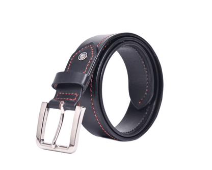 Premium Black Leather Belt with Red Stitching & Silver Buckle
