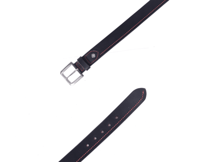 Premium Black Leather Belt with Red Stitching & Silver Buckle