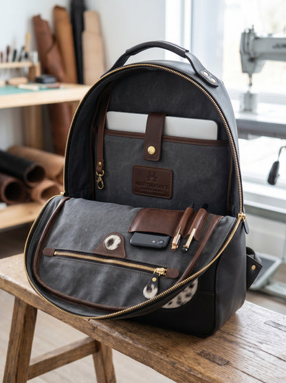 Premium Black Leather & Hairon Laptop Backpack