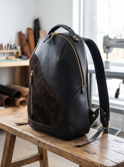 Premium Black Leather & Hairon Laptop Backpack