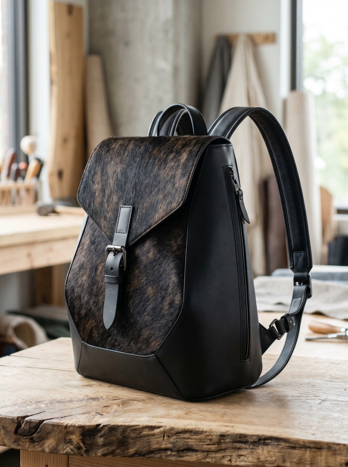 Handcrafted Leather & Hairon Flap Backpack