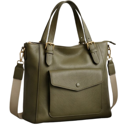 Olive Green Leather Office Tote Bag for Women