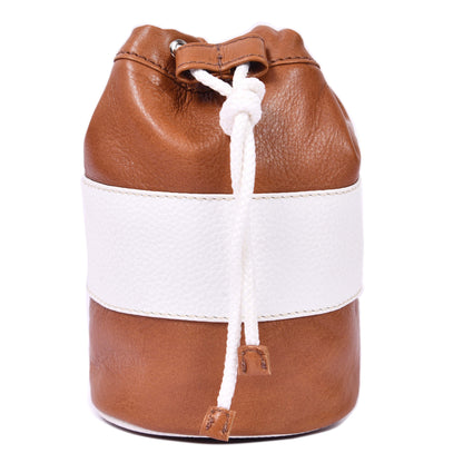 Handcrafted Leather Drawstring Bucket Bag – Tan & White Genuine Leather Pouch