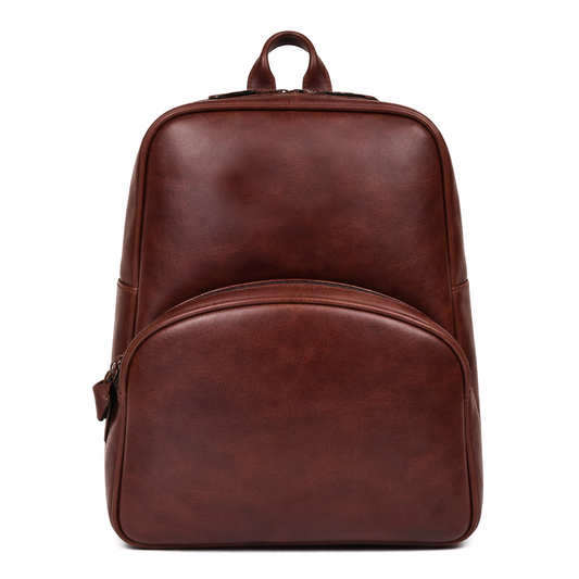 Classic Full-Grain Leather Backpack with Front Pocket - Brown