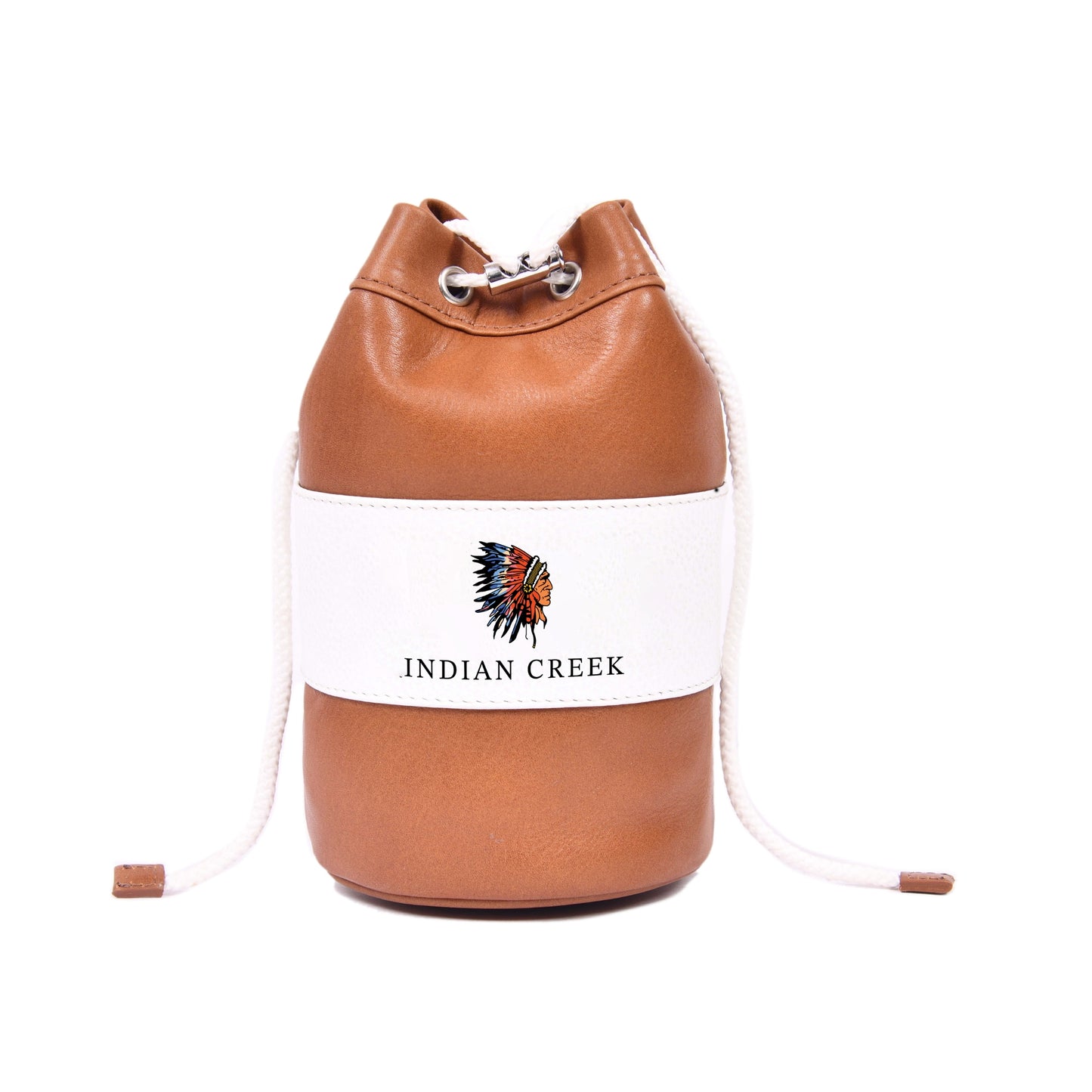 Handcrafted Leather Drawstring Bucket Bag – Tan & White Genuine Leather Pouch