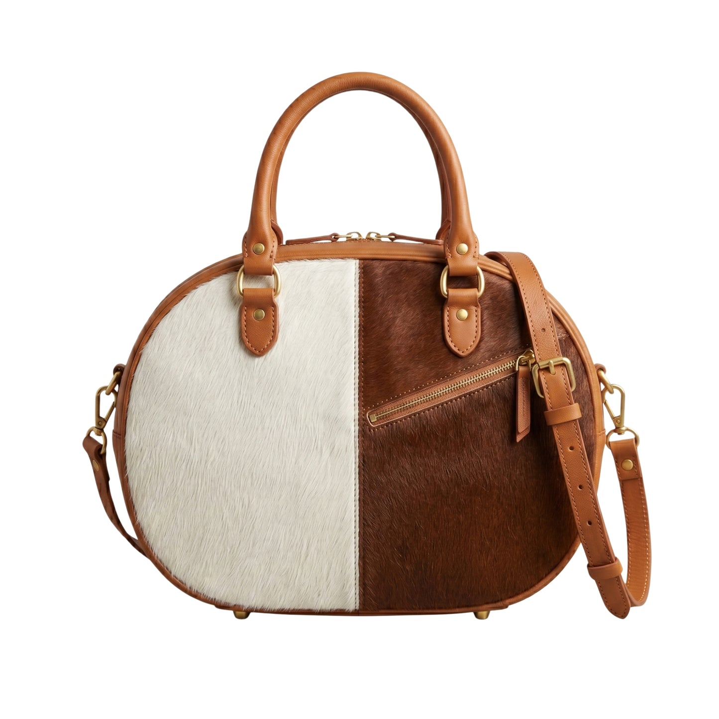 Luxury Hair-On Leather Round Satchel Bag – Handmade Crossbody & Top Handle Handbag