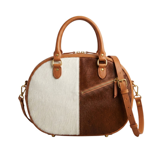 Luxury Hair-On Leather Round Satchel Bag – Handmade Crossbody & Top Handle Handbag