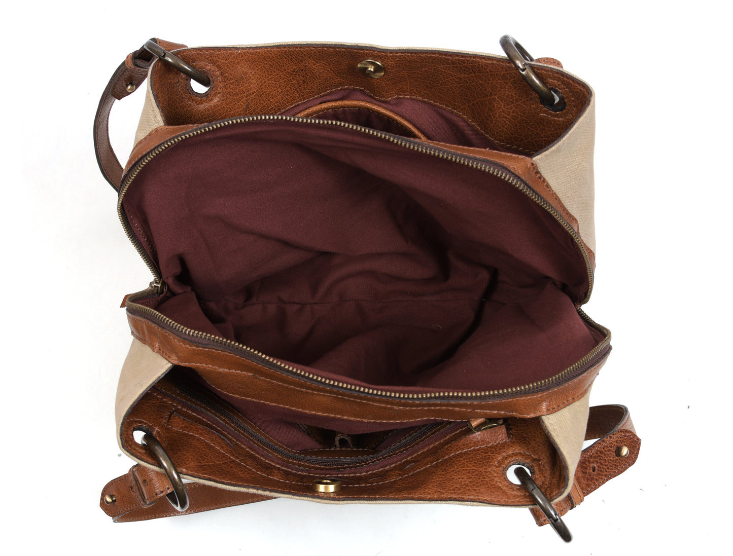 Beige Canvas & Leather Ladies Tote Bag with Multi Compartments and Adjustable Handles