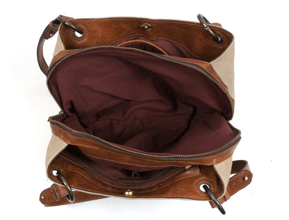 Beige Canvas & Leather Ladies Tote Bag with Multi Compartments and Adjustable Handles