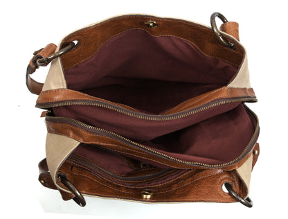Beige Canvas & Leather Ladies Tote Bag with Multi Compartments and Adjustable Handles