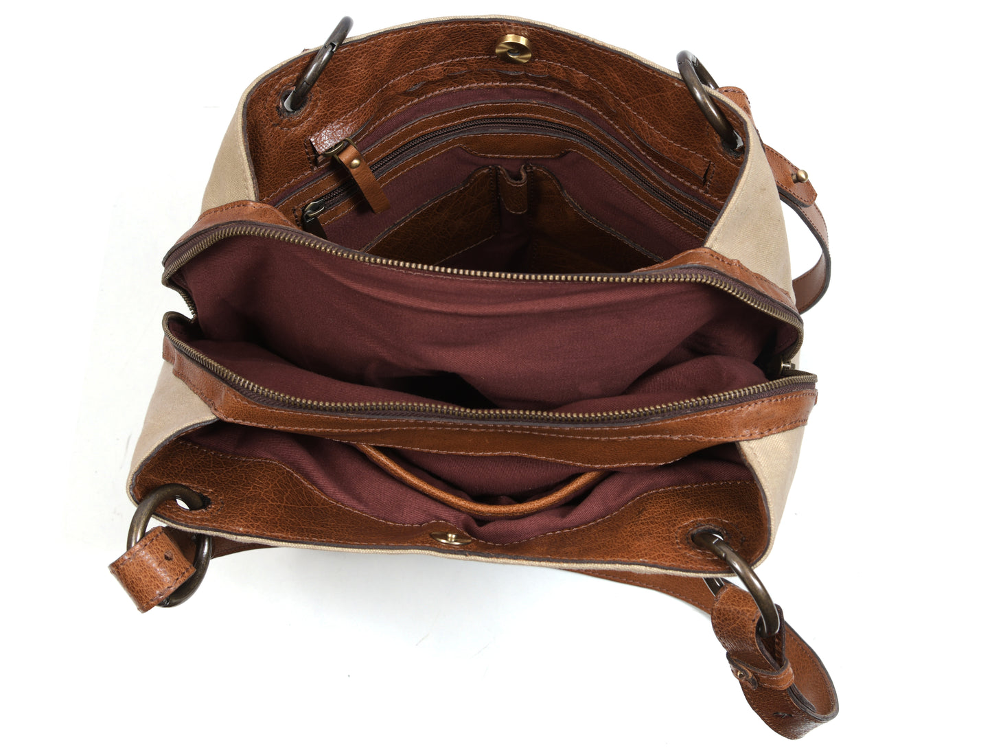 Beige Canvas & Leather Ladies Tote Bag with Multi Compartments and Adjustable Handles