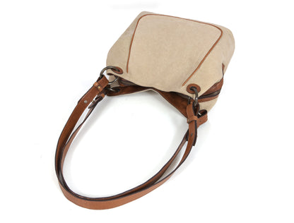 Beige Canvas & Leather Ladies Tote Bag with Multi Compartments and Adjustable Handles
