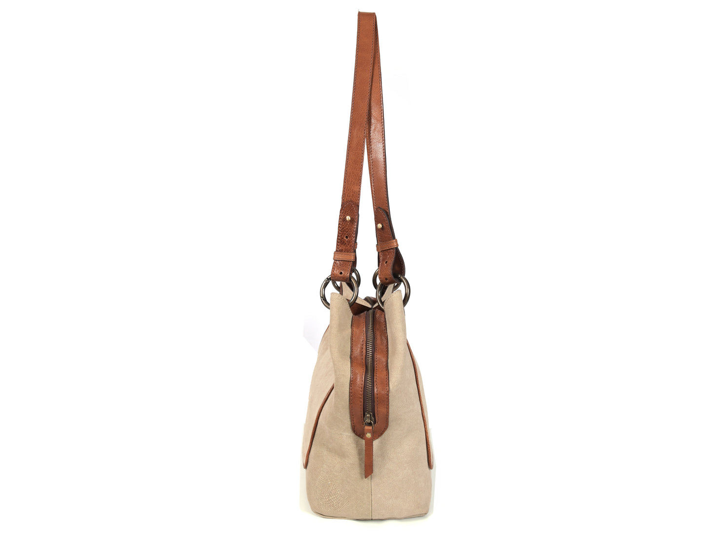 Beige Canvas & Leather Ladies Tote Bag with Multi Compartments and Adjustable Handles