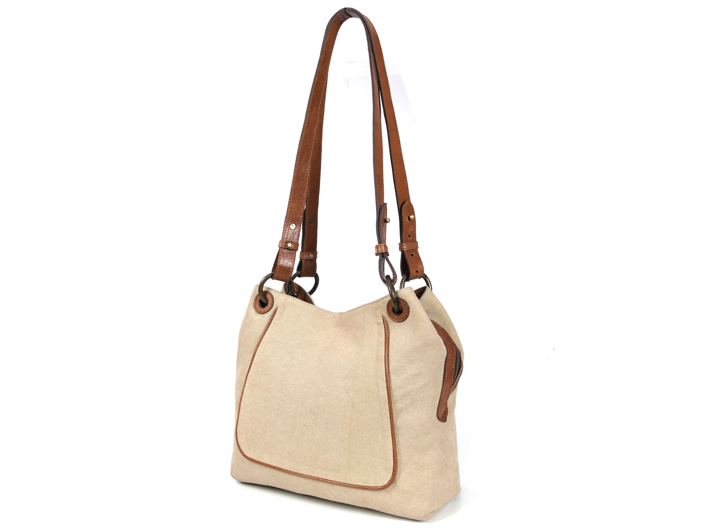 Beige Canvas & Leather Ladies Tote Bag with Multi Compartments and Adjustable Handles