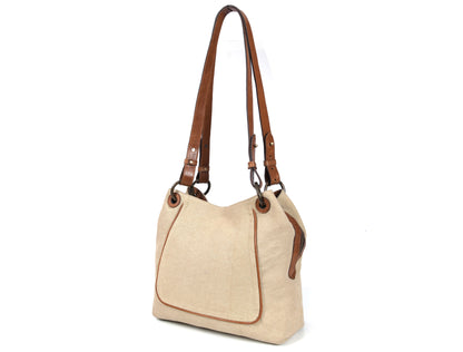 Beige Canvas & Leather Ladies Tote Bag with Multi Compartments and Adjustable Handles