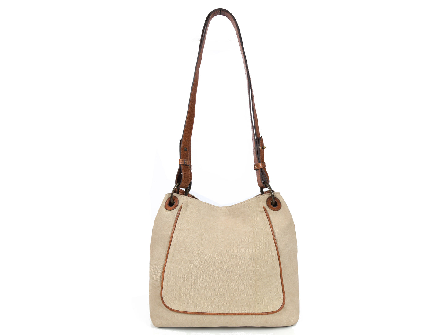Beige Canvas & Leather Ladies Tote Bag with Multi Compartments and Adjustable Handles