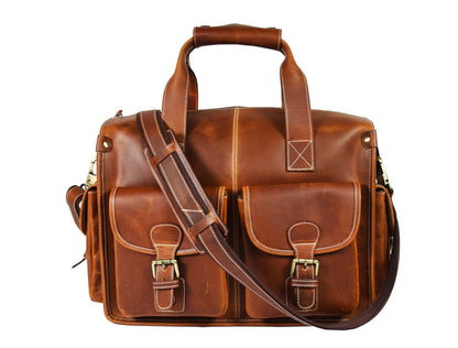 Vintage Leather Messenger Briefcase – Multi-Pocket Laptop & Office Bag