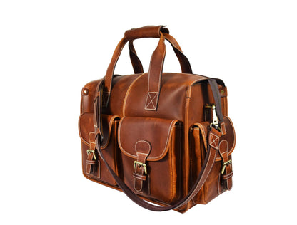 Vintage Leather Messenger Briefcase – Multi-Pocket Laptop & Office Bag
