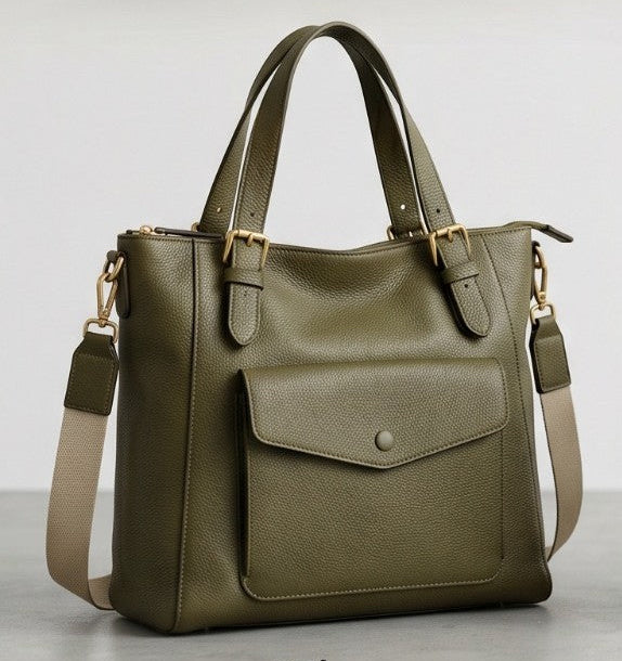 Olive Green Leather Office Tote Bag for Women