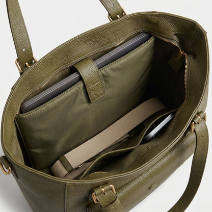 Olive Green Leather Office Tote Bag for Women