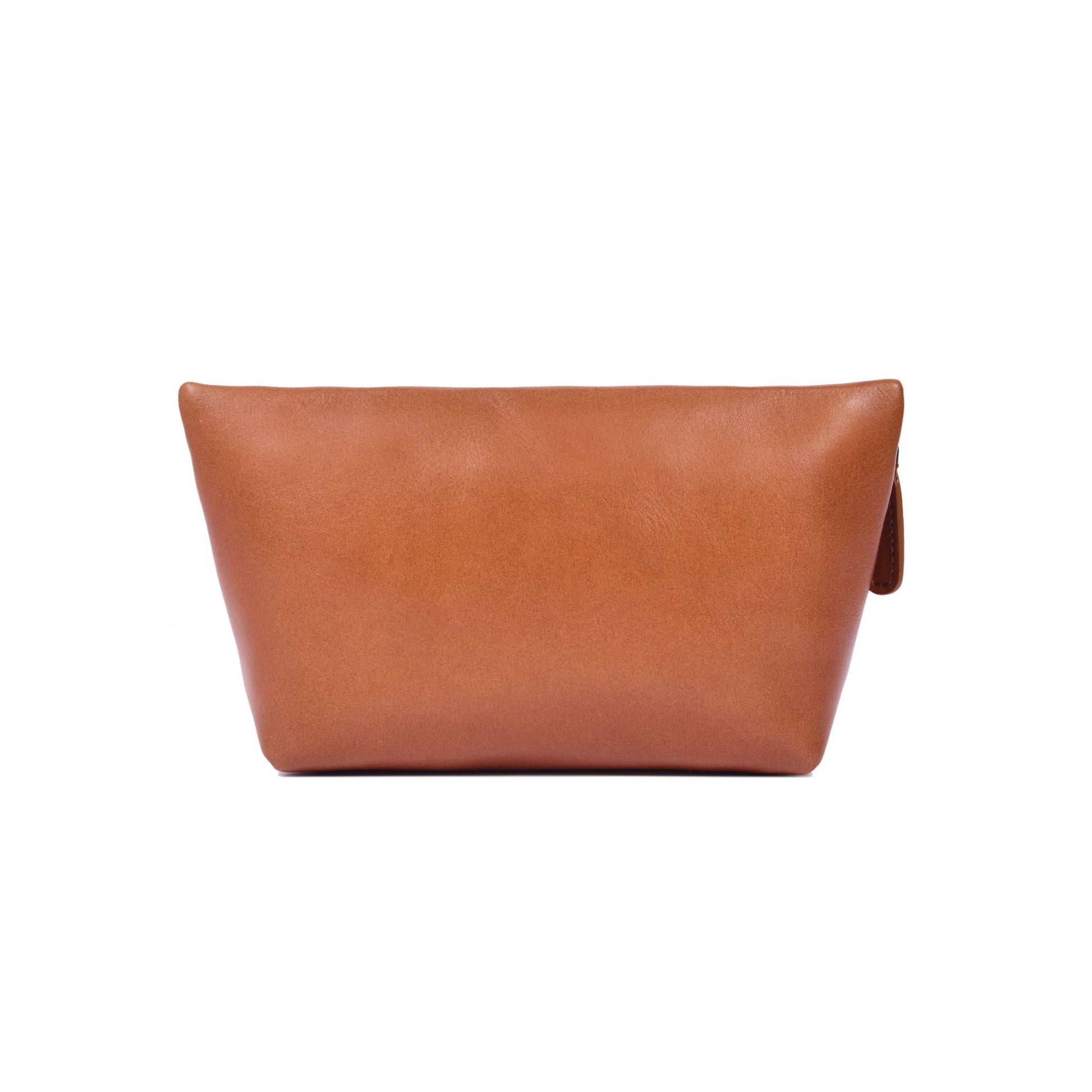Embroidered Brown Leather Cosmetic Pouch with Zip Closure - Aaron Leather Goods
