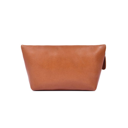Embroidered Brown Leather Cosmetic Pouch with Zip Closure - Aaron Leather Goods