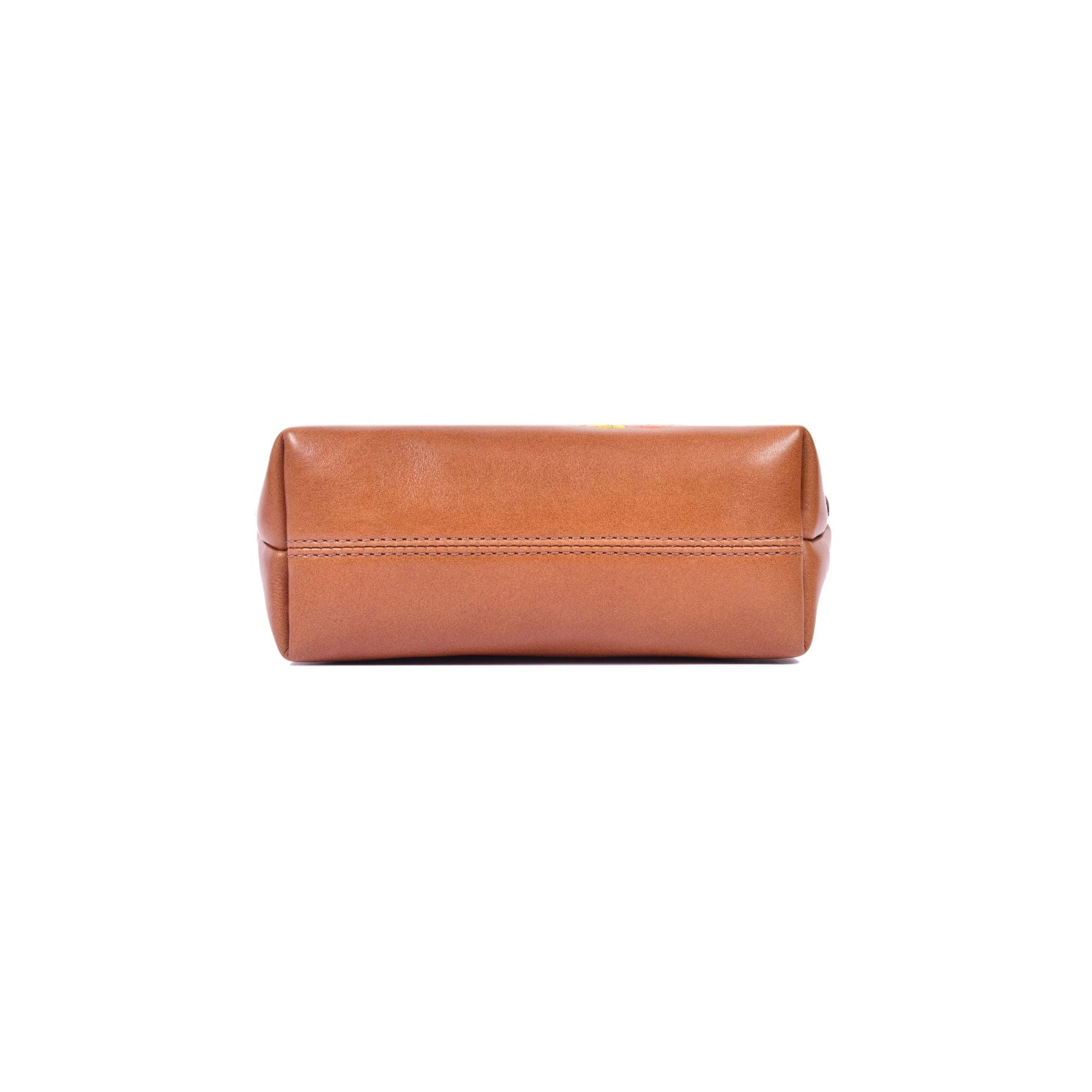 Embroidered Brown Leather Cosmetic Pouch with Zip Closure - Aaron Leather Goods