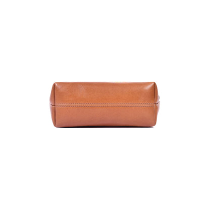 Embroidered Brown Leather Cosmetic Pouch with Zip Closure - Aaron Leather Goods