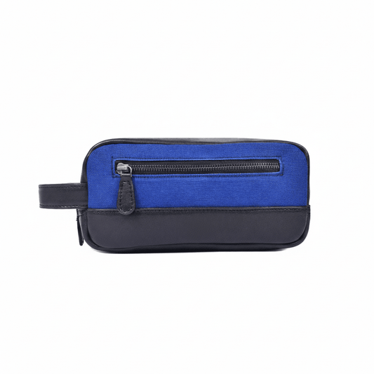 Blue Canvas & Black Leather Zipper Toiletry Pouch - Aaron Leather Goods