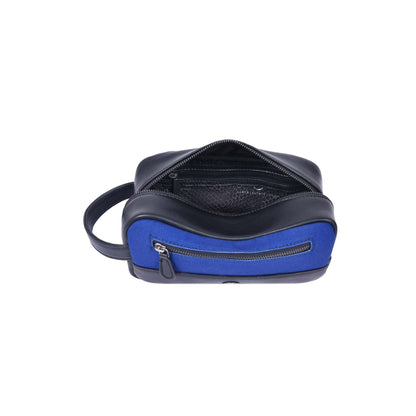 Blue Canvas & Black Leather Zipper Toiletry Pouch - Aaron Leather Goods