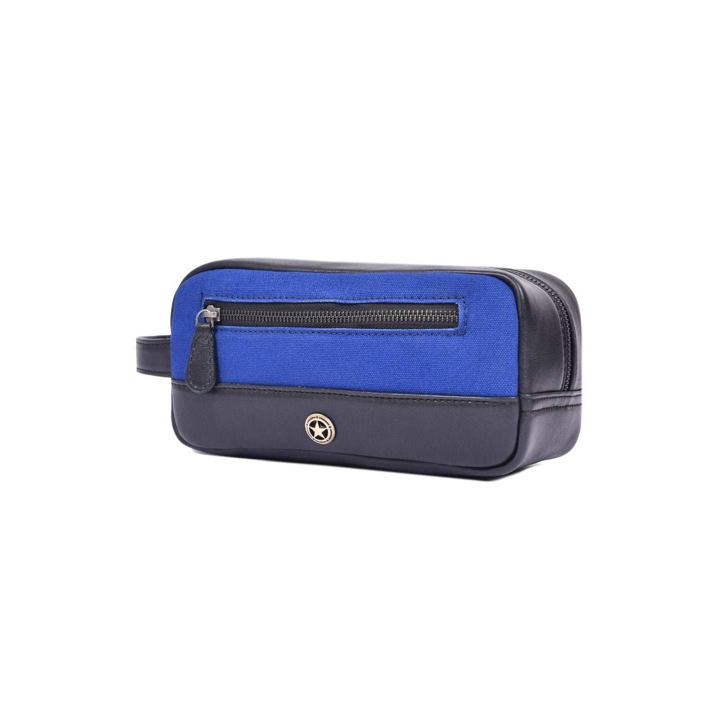 Blue Canvas & Black Leather Zipper Toiletry Pouch - Aaron Leather Goods