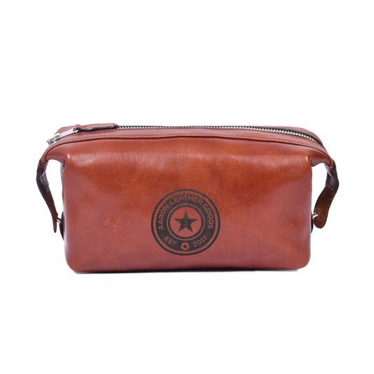 Classic Brown Leather Toiletry Pouch with Zipper Closure - Aaron Leather Goods