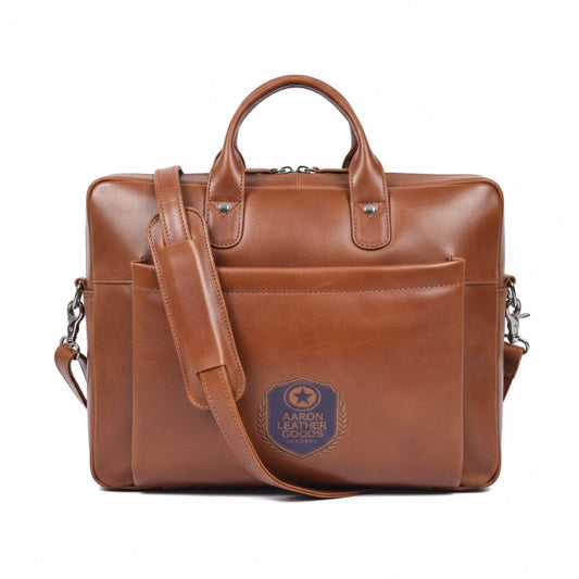 Classic Tan Full - Grain Leather Laptop Briefcase - Aaron Leather Goods