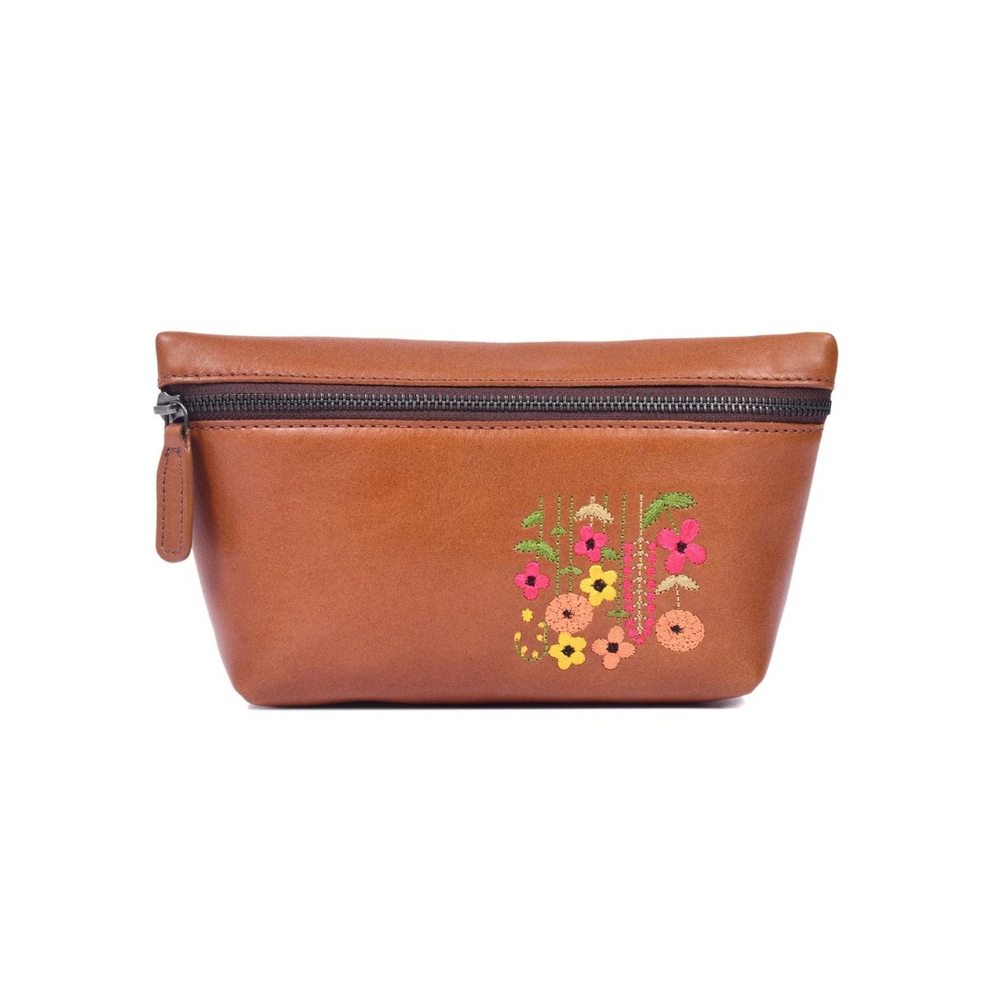 Embroidered Brown Leather Cosmetic Pouch with Zip Closure - Aaron Leather Goods