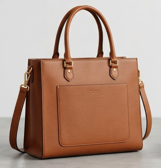 Tan Leather Structured Office Tote Bag for Women