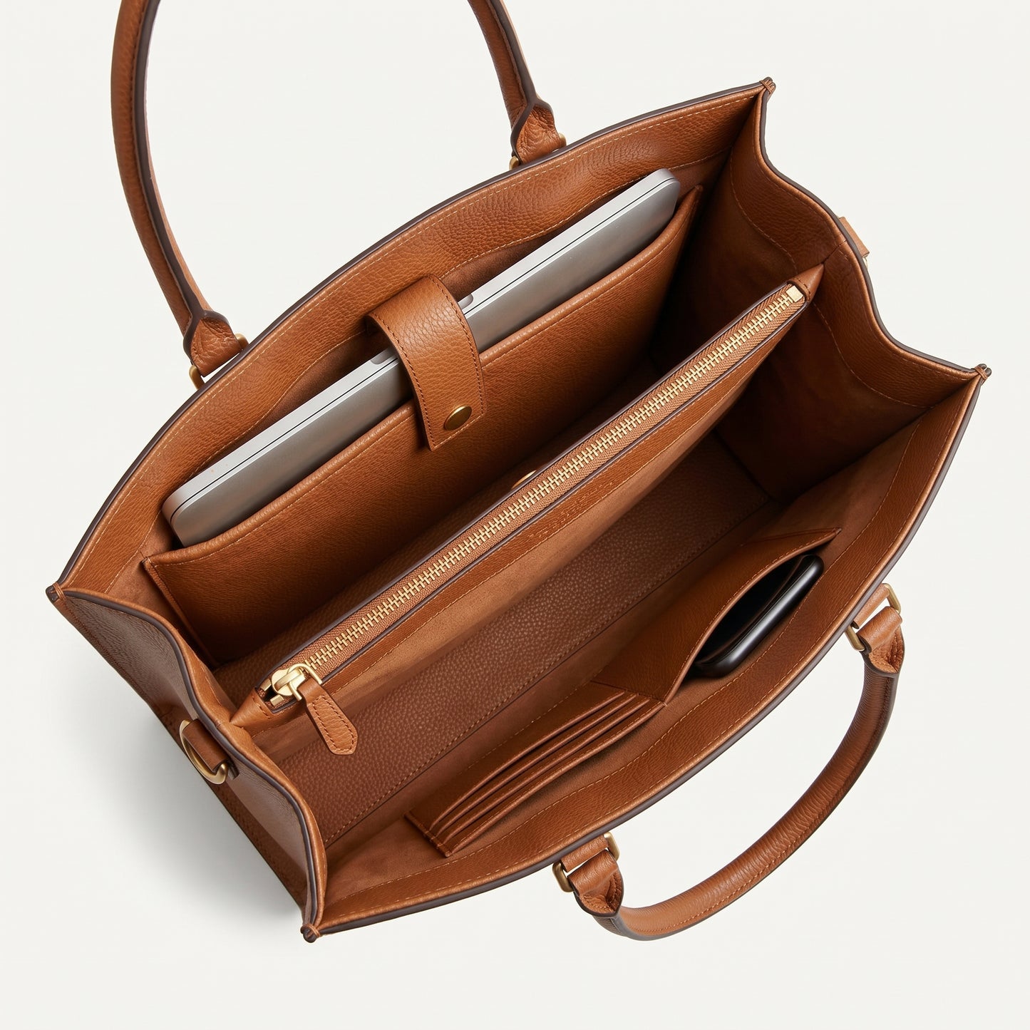 Tan Leather Structured Office Tote Bag for Women