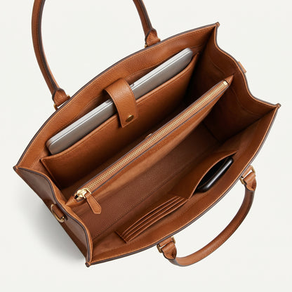 Tan Leather Structured Office Tote Bag for Women