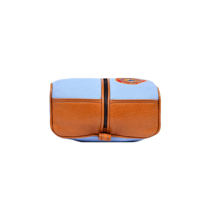 Sky Blue Canvas & Leather Travel Shoe Bag with Handle, Zip Closure - Aaron Leather Goods