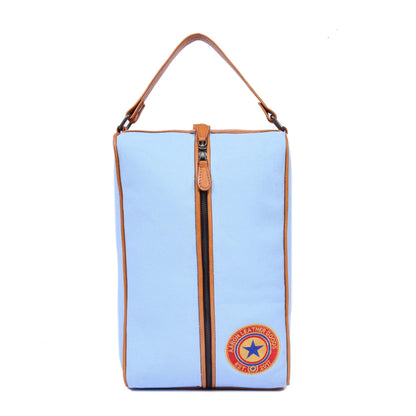 Sky Blue Canvas & Leather Travel Shoe Bag with Handle, Zip Closure - Aaron Leather Goods
